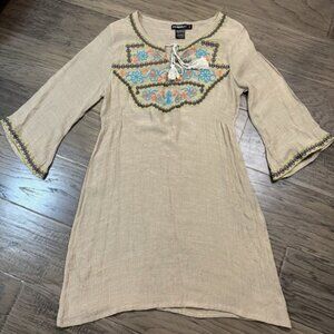 Urban Mango Women's Brown Embroidered Tunic Dress‎ Bell Sleeves Boho Hippie SZ L
